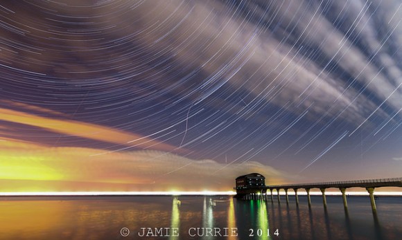 Star trails and the Perseid meteors over the Bembridge LifeBoat Station on the Isle of Wight. Credit and copyright: Jamie Currie.