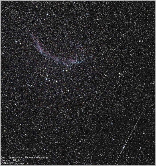 Perseid Meteor and the Veil Nebula as seen from Weatherly, Pennsylvania on August 14, 2014. Credit and copyright: Tom Wildoner.