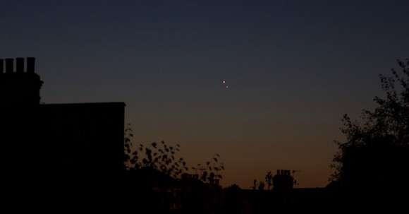 Conjunction between the planets Venus(top) and Jupiter (bottom) as seen from London just before dawn on 18th August 2014. Credit and copyright: Roger Hutchinson.