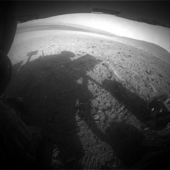 The shadow of the Opportunity rover lies on the Martian surface in this picture taken on Sol 3752, on Aug. 13. The rover is on the west rim of Endeavour Crater, near the Martian equator. Its landing site was Meridani Planum. Credit: NASA/JPL-Caltech/Cornell/Arizona State Univ.