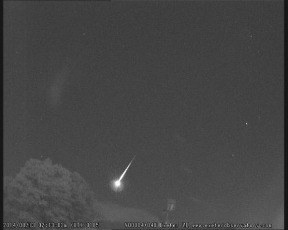 A bright Perseid meteor as seen from the Exeter Station of the UK Meteor Network. Credit and copyright: John Maclean.