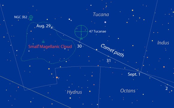 Map showing Comet Siding Spring's recent and upcoming travels near the Small Magellanic Cloud. Positions are shown nightly for Alice Springs, Australia. Source: Chris Marriott's SkyMap