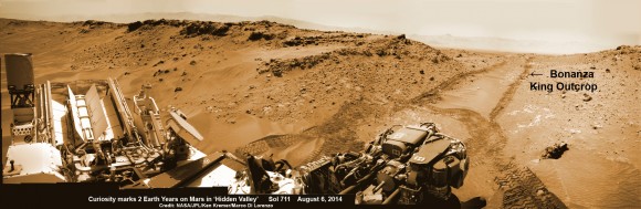 NASA’s Curiosity rover marks 2nd anniversary on Mars at ‘Hidden Valley’ looking back to ramp with 4th drill site target at ‘Bonanza King’ rock outcrop as shown in this photo mosaic view captured on Aug. 6, 2014, Sol 711. Navcam camera raw images stitched and colorized. Credit: NASA/JPL-Caltech/Ken Kremer-kenkremer.com/Marco Di Lorenzo
