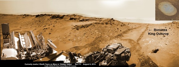 NASA’s Curiosity rover looks back to ramp with potential 4th drill site target at ‘Bonanza King’ rock outcrop in ‘Hidden Valley’ in this photo mosaic view captured on Aug. 6, 2014, Sol 711. Inset shows results of brushing on Aug. 17, Sol 722, that revealed gray patch beneath red dust. Note the rover’s partial selfie, valley walls, deep wheel tracks in the sand dunes and distant rim of Gale crater beyond the ramp. Navcam camera raw images stitched and colorized. Credit: NASA/JPL-Caltech/Ken Kremer-kenkremer.com/Marco Di Lorenzo