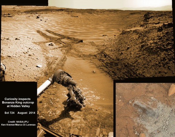 NASA’s Curiosity rover hammers into ‘Bonanza King’ rock outcrop evaluating potential as 4th drill site for sampling at ‘Hidden Valley’ in this photo mosaic view captured on Aug. 20, 2014, Sol 724. Inset MAHLI camera image at right shows resulting rock indentation that caused it to budge and be unsafe for further drilling. Note the background of sand dune ripples and deep wheel tracks inside Hidden Valley that forced quick exit to alternate route forward. Navcam camera raw images stitched and colorized. Credit: NASA/JPL-Caltech/MSSS/Ken Kremer-kenkremer.com/Marco Di Lorenzo