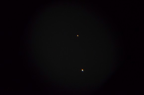 Telescopic view of Venus and Jupiter in the morning sky over Lahore, Pakistan. Shot with a Nikon D5100. Credit and copyright: Roshaan Bukhari.