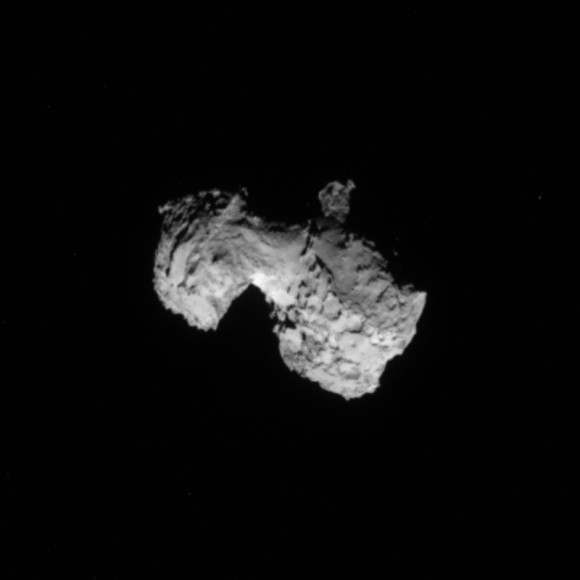 NAVCAM image taken on 3 August 2014 from a distance of about 300 km from comet 67P/Churyumov-Gerasimenko. The Sun is towards the bottom of the image in this orientation. Credits: ESA/Rosetta/NAVCAM