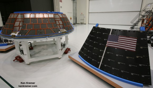 Orion crew module back shell tiles and panels inside the Neil Armstrong Operations and Checkout Building high bay at the Kennedy Space Center in Florida. Credit: Ken Kremer - kenkremer.com
