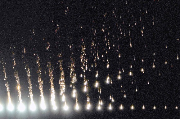 End of flight fragmentation of the Nov. 18, 2012, fireball over the San Francisco Bay Area (shown in a horizontally mirrored image to depict the time series from left to right). The photographs were taken from a distance of about 40 miles (65 km). Image Credit: Robert P. Moreno Jr., Jim Albers and Peter Jenniskens