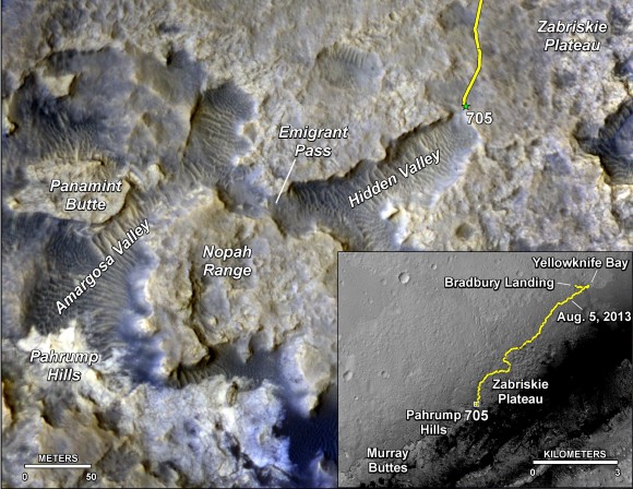 The main map here shows the assortment of landforms near the location of NASA's Curiosity Mars rover as the rover's second anniversary of landing on Mars nears. The gold traverse line entering from upper right ends at Curiosity's position as of Sol 705 on Mars (July 31, 2014). The inset map shows the mission's entire traverse from the landing on Aug. 5, 2012, PDT (Aug. 6, EDT) to Sol 705, and the remaining distance to long-term science destinations near Murray Buttes, at the base of Mount Sharp. The label "Aug. 5, 2013" indicates where Curiosity was one year after landing. Credit: NASA/JPL-Caltech/Univ. of Arizona