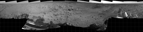 This full-circle panorama of the landscape surrounding NASA's Curiosity Mars rover on July 31, 2014, Sol 705, offers a view into sandy lower terrain called "Hidden Valley," which is on the planned route ahead. It combines several images from Curiosity's Navigation Camera. South is at the center. Credit: NASA/JPL-Caltech