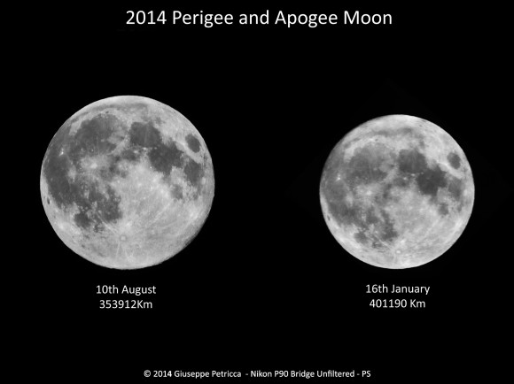 A comparison the between two 'extreme' full Moons of 2014: the perigee Full Moon of August 10th, and the apogee full Moon of January 16. As seen from Central Italy. Credit and copyright: Giuseppe Petricca.