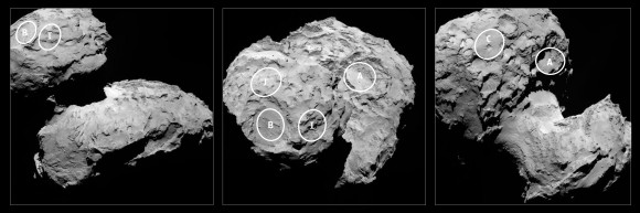 Five candidate sites were identified on Comet 67P/Churyumov-Gerasimenko for Rosetta’s Philae lander. The approximate locations of the five regions are marked on these OSIRIS narrow-angle camera images taken on 16 August from a distance of about 100 km. Credits: ESA/Rosetta/MPS for OSIRIS Team MPS/UPD/LAM/IAA/SSO/INTA/UPM/DASP/IDA