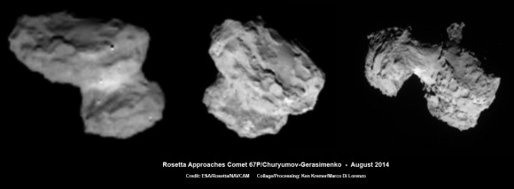 ESA’s Rosetta Spacecraft on final approach to Comet 67P/Churyumov-Gerasimenko in early August 2014. This collage of navcam imagery from Rosetta was taken on Aug. 1, 2 and 3 from distances of 1026 km, 500 km and 300 km. Not to scale. Credit: ESA/Rosetta/NAVCAM Collage/Processing: Ken Kremer/Marco Di Lorenzo