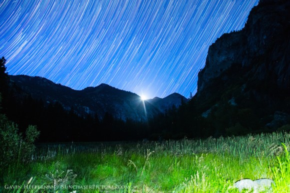 Star trails at dawn just as the Sun rises above the mountains in Kings Canyon. Credit and copyright: Gavin Heffernan.