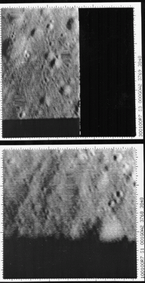 Last Ranger 7 images taken before impact on the Moon. They were taken by the number 1 and 3 P-channel cameras at 0.39 and 0.19 s before impact from an altitude of 1070 and 519 meters, respectively. The pictures are cut off because the spacecraft impacted the surface before completing the transmission. The top image was taken by the P3 camera and the bottom image by P1. The P3 image is about 25 m across. North is at 12:30 for both images. The impact occurred on 31 July 1964 at 13:25:48.82 UT. Credit: Credit: NASA/JPL-Caltech