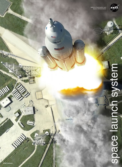 Blastoff of NASA’s Space Launch System (SLS) rocket and Orion crew vehicle from the Kennedy Space Center, Florida. Credit: NASA/MSFC