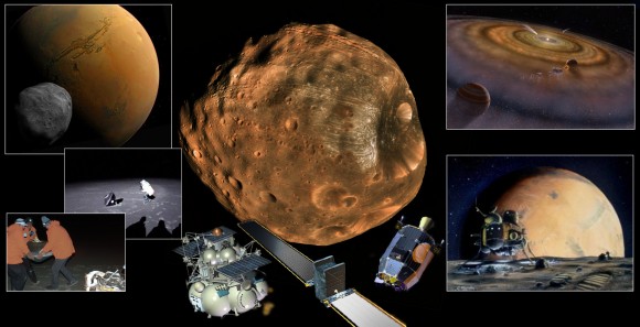 Phobos. From where did it arise or arrive? Is it dry or wet? Should we flyby or sample and return? Should it be Boots or Bots? (Photos: NASA, Illus.:T.Reyes)