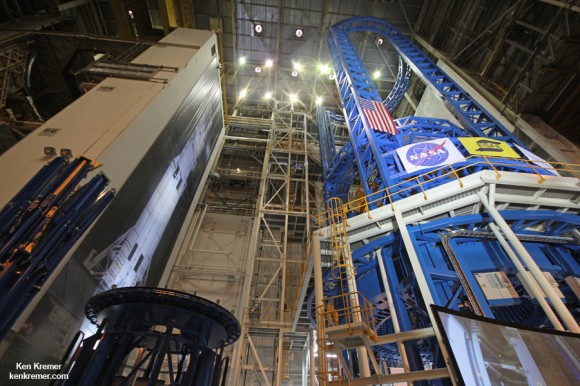 Wide view of the new welding tool at the Vertical Assembly Center at NASA's Michoud Assembly Facility in New Orleans at a ribbon-cutting ceremony Sept. 12, 2014.  Credit: Ken Kremer – kenkremer.com