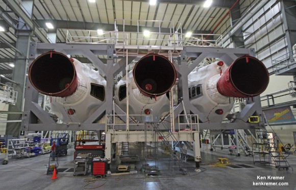 These three RS-68 engines will power each of the attached Delta IV Heavy Common Booster Cores (CBCs) the will launch NASA's maiden Orion on the EFT-1 mission in December 2014.   Credit: Ken Kremer/kenkremer.com 