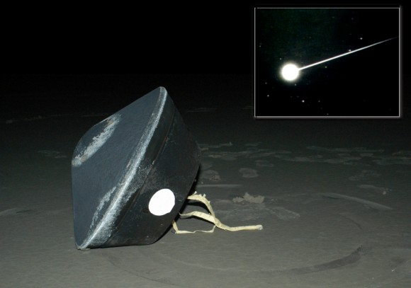 Return of the Stardust sample inside the Lockheed-Martin developed sample-return capsule. See here upon successful landing in the Utah desert. (Credit: NASA/Stardust)