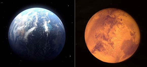 Mars may have been much more like Earth is today 3-4 billion years ago with a thicker atmosphere and water flowing across its surface. Today, it's evolved into dry, cold planet with an atmosphere as thin as Scrooge's gruel. Credit: NASA