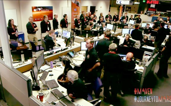 The control room at Lockheed Martin shortly before MAVEN successfully entered Mars orbit tonight September 21, 2014. Credit: NASA-TV