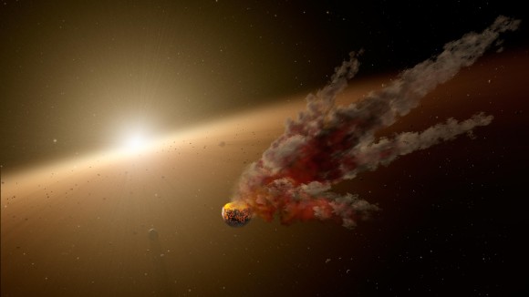 An artist's conception of what scientists think was an asteroid collision near star NGC 2547-1D8, which is 1,200 light-years from Earth. An influx of dust was noticed from Earth between August 2012 and 2013. Credit: NASA/JPL-Caltech