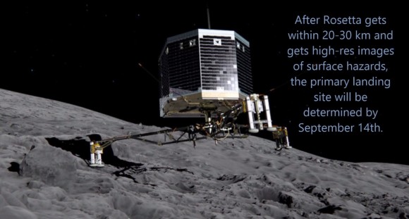 Artist's illustration of Philae upon touchdown. The lander is capable of landing on up to 30% slopes. (Credits: ESA)