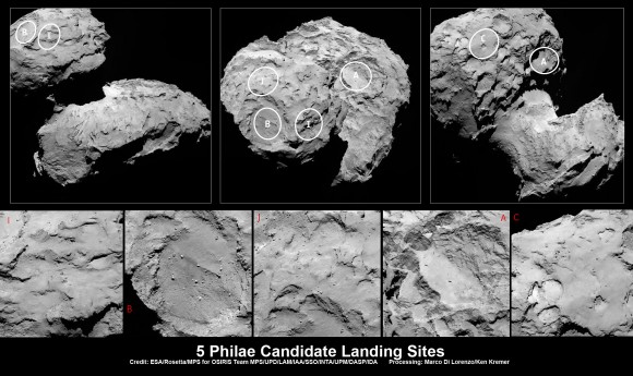 Five candidate sites were identified on Comet 67P/Churyumov-Gerasimenko for Rosetta’s Philae lander. The approximate locations of the five regions are marked on these OSIRIS narrow-angle camera images taken on 16 August 2014 from a distance of about 100 km. Enlarged insets below highlight 5 landing zones. Credits: ESA/Rosetta/MPS for OSIRIS Team MPS/UPD/LAM/IAA/SSO/INTA/UPM/DASP/IDA Processing: Marco Di Lorenzo/Ken Kremer
