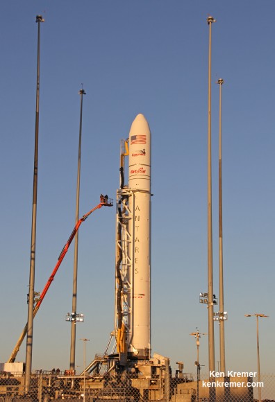 Technicians processing Antares rocket on Oct 26 to prepare for first night launch from NASA's Wallops Flight Facility, VA, on Oct. 27 at 6:45 p.m.  Credit: Ken Kremer – kenkremer.com