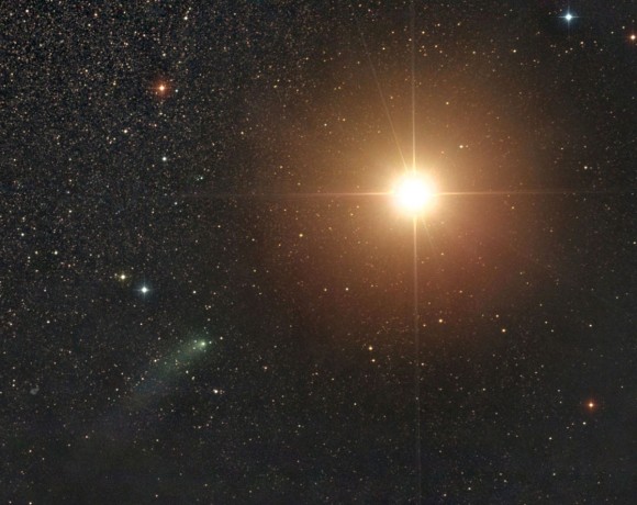 Comet Siding Spring approaches within a degree of Mars at 5:07 a.m. CDT today October 19. Closest approach happens around 1:28 p.m. CDT (18:28 UT) when the comet will brush about 83,240 miles from the planet's surface. Image copyright SEN / Damian Peach