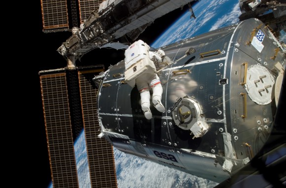 The Columbus module is installed on the International Space Station in 2008. Pictured is NASA astronaut Rex Walheim. Credit: NASA