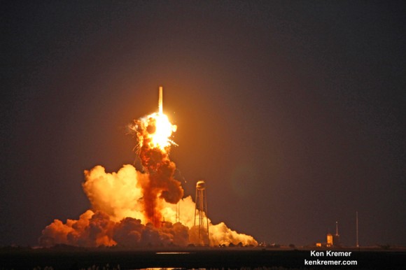 First stage propulsion system at base of Orbital Sciences Antares rocket appears to explode moments after blastoff from NASA's Wallops Flight Facility, VA, on Oct. 28, 2014, at 6:22 p.m. Credit: Ken Kremer – kenkremer.com