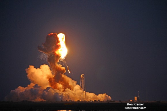 Orbital Sciences Antares rocket explodes moments after blastoff from NASA's Wallops Flight Facility, VA, on Oct. 28, 2014, at 6:22 p.m. Credit: Ken Kremer – kenkremer.com