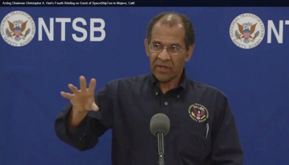 NTSB Acting Chairman Christopher Hart shown explaining details of the investigation during a Monday Press Conference at Mojave Air & Space Port. (Photo Credit: NTSB)