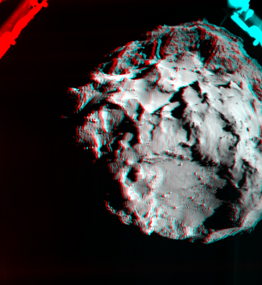 A 3-D image of Comet 67P/Churyumov–Gerasimenko taken from the Philae lander as it descended. The picture is a combination of two images from the Rosetta Lander Imaging System (ROLIS) taken about an hour before landing at 10:34 a.m. EST (3:34 p.m. UTC) on Nov. 12, 2014. Credit: ESA/Rosetta/Philae/ROLIS/DLR