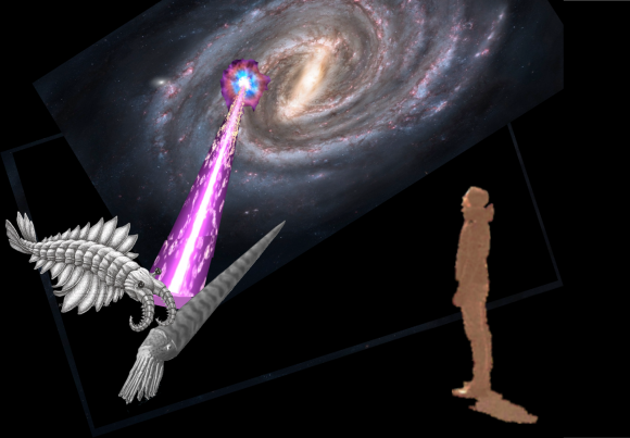 A just released research paper reveals more details of the effect gamma ray bursts (GRB) have had on the development of complex life throughout the cosmos. Illustration depicts a beam from a GRB as might have been directed toward early life on Earth during the Cambrian or Ordovician periods, ~500 million years ago. (Illustration Credit: T. Reyes)
