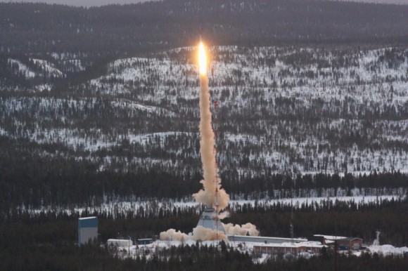 Launch of the TEXUS-51 sounding rocket. A similar launch, TEXUS-49 in March 2011, included plasmid DNA on the exterior of the rocket. A November 2014 study based on the flight suggests DNA could survive a suborbital spaceflight. Credit: Adrian Mettauer