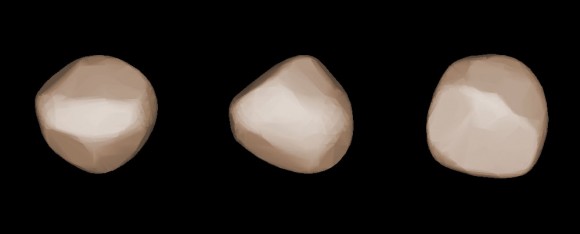 A 3-D model of 6 Hebe based on its light curve. The asteroid is about 120 miles in diameter and orbits in the main asteroid belt between Mars and Jupiter. Credit: Charles University_Josef Durech_Vojtech Sidorin
