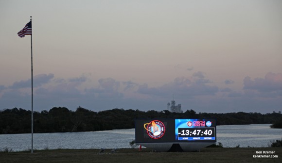 NASA’s new countdown clock was powered up at the Press Site at the Kennedy Space Center in Florida for the first time on Dec. 1, 2014 for use with Orion’s first launch on Dec. 4, 2014.   Credit: Ken Kremer – kenkremer.com