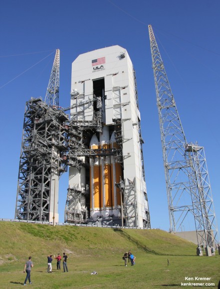 Orion spacecraft atop Delta 4 Heavy rocket Booster at Space Launch Complex 37 (SLC-37) at Cape Canaveral Air Force Station in Florida one day prior to launch set for Dec. 4, 2014.   Credit: Ken Kremer - kenkremer.com