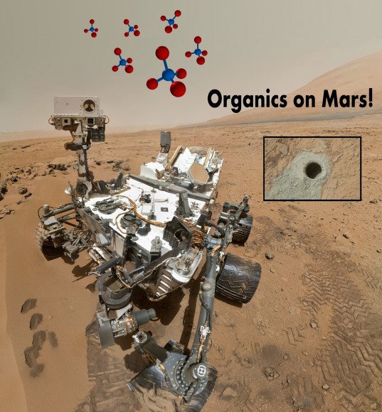 After a 20 month trek across Mars and careful analysis of data, NASA scientists have announced two separate detection of organics - in the surface and the air of Mars. (Photo Credit: NASA/JPL, Illustration - T. Reyes)