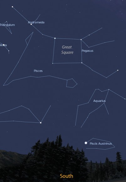 Look high in the southern sky at nightfall to find the familiar giant square that forms part of the body of Pegasus the Flying Horse. The map shows the sky around 6:30 p.m. local time. Source: Stellarium