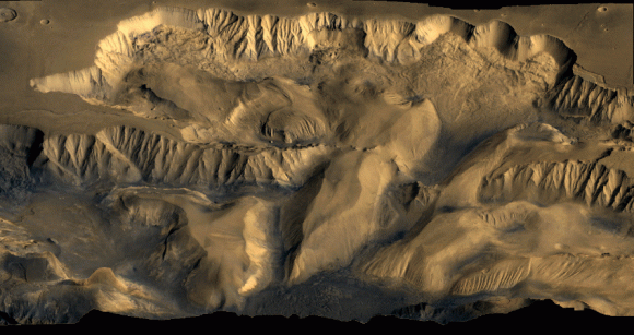 A color mosaic of Candor Chasma (part of Mars' Valles Marineris) based on data from Voyager 1 and Voyager 2. Credit: NASA