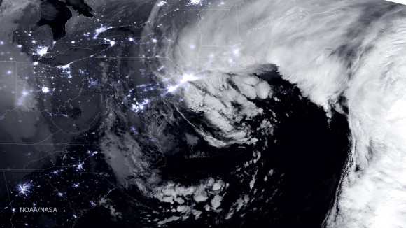 NASA-NOAA Suomi NPP satellite captures blizzard near peak intensity as it moves over New York and Boston regions at 1:45 am EST, Jan. 27, 2015. This view is a combination of the day-night band and high resolution infrared imagery from Suomi NPP showing the historic blizzard near peak intensity as it moves over the New York through Boston Metropolitan areas at 06:45Z (1:45 a.m. EST) on January 27, 2015. Credit: NOAA/NASA