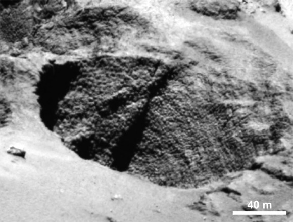 Close-up of a curious surface texture nicknamed 'goosebumps'. The characteristic scale of all the bumps seen on Comet 67P/Churyumov–Gerasimenko by the OSIRIS narrow-angle camera is approximately 3 m, extending over regions greater than 100 m. They are seen on very steep slopes and on exposed cliff faces, but their formation mechanism is yet to be explained. Credit: ESA/Rosetta/MPS for OSIRIS Team MPS/UPD/LAM/IAA/SSO/INTA/UPM/DASP/IDA