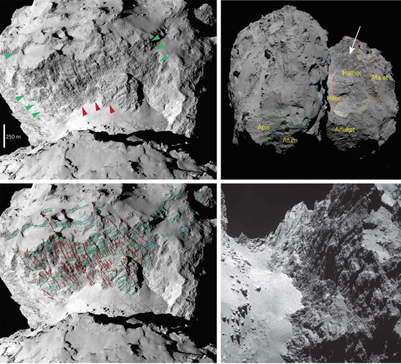Several different views of 67P's giant cliff, Hathor.