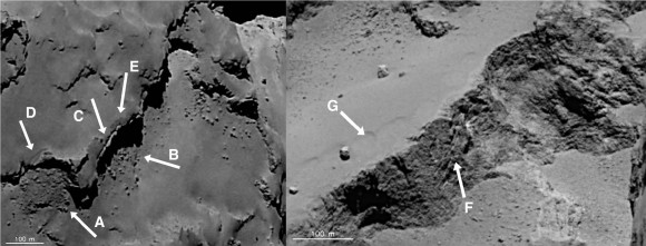 Photo of the boundary between the Ash and Seth regions showing (at left) fracturing and collapse of the dust-covered surface at A, B and C are caused by erosion through vaporization of ice. At right