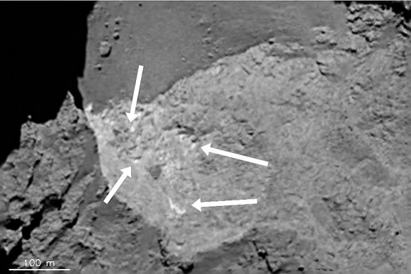 Local bright spots, less than 10 m across (labelled) and seen in an alcove in the Hathor region are compositionally distinct from the surrounding terrain. The image was taken by the OSIRIS narrow-angle camera on 7 August 2014.